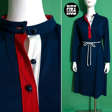 Chic Vintage 70s Navy Blue, Red & White Long Sleeve Dress by Happenings 