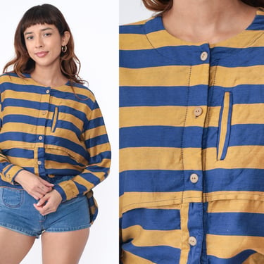 80s Striped Blouse Slouchy Button Up Shirt Blue Mustard Yellow Stripes Long Sleeve Top Vintage Preppy Retro Linen Cotton Vintage 1980s Large 