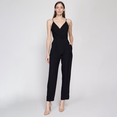 XS 80s 90s Minimalist Black Wrap Jumpsuit | Vintage All That Jazz Spaghetti Strap Tapered Leg Pocket Pantsuit 