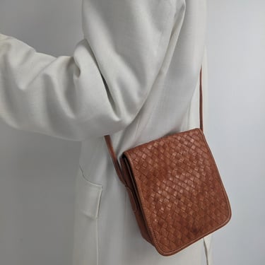 Vintage Cognac Woven Leather Crossbody Bag