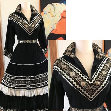 Killer Vintage 1950's Western Patio Dress Black with silver and gold rickrack Two Piece by 
