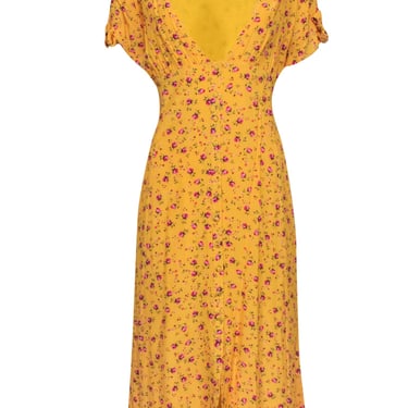 Privacy Please - Mustard & Pink Rose Bud Print Button Front Dress Sz XL