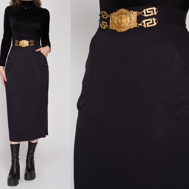 Medium 80s Black Gold Greek Key Buckle Midi Skirt 30" | Vintage Lorina La Zinni High Waisted Pencil Skirt 