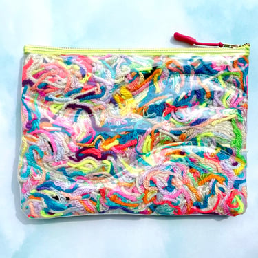Quilted Wavy Recycled Yarn Scrap Zipper Pouch Rainbow, Upcycled, Vinyl 