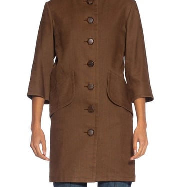1990S Yves Saint Laurent Brown Haute Couture Linen 3/4 Length Jacket With Wood Buttons 