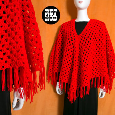 Chunky Red Vintage 60s 70s Crochet Poncho with Fringe 