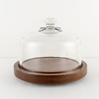 Vintage Teak Wood Cheese Dome, Goodwood Round Wood Tray with Glass Cloche, Small Charcuterie Board 