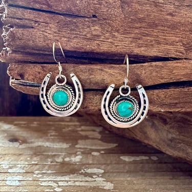 LUCKY HORSESHOE Running Bear RB Silver and Turquoise Dangle Earrings | Handcrafted Navajo Native American Southwestern Jewelry 