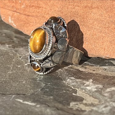 Vintage Mexico Adjustable Sterling Silver and Tigers Eye Stone Poison / Stash Ring 