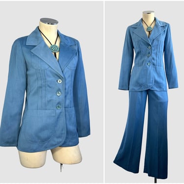 SUIT UP Vintage 70s Jacket and Pants Blue Set | 1970s Monochromatic Denim Like Blue Suit | Western Flared Pants Fitted Blazer | Size Small 
