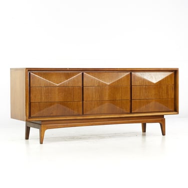 United Furniture Diamond Mid Century Walnut Lowboy 9 Drawer Dresser - mcm 
