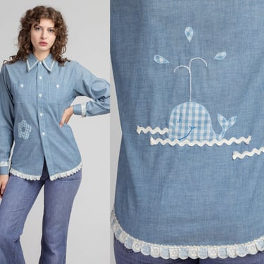 70s Chambray Whale Patchwork Shirt - Small | Vintage Blue Lightweight Lace Trim Button Up Top 