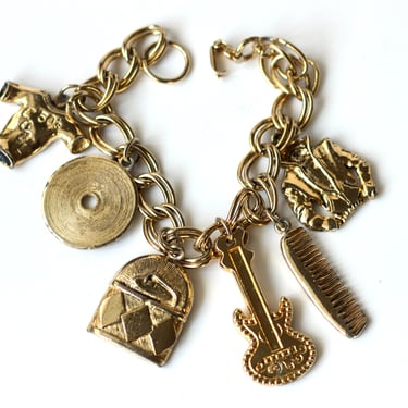 1940s Coro Gold Charm Bracelet with 1950s Rock and Roll Themed Charms 