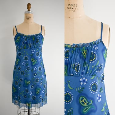 1990s Blue Paisley Mini Dress 