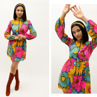 Vintage 1970s 70s Technicolor Psychedelic Floral Button Up Micro Mini Dress w/ Mandarin Collar, Juliet Sleeves, Detachable Belt 