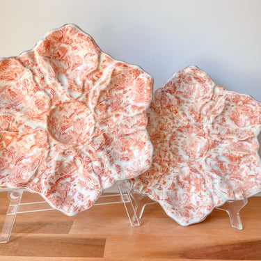 Pair of Orange Toile Oyster Plates.  1960s Transferware Toile Collectors Oyster Dishes Set. 