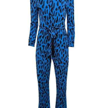 Diane von Furstenberg - Blue & Black Long Sleeve Collared Animal Print Jumpsuit Sz S