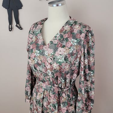 Vintage 1970's Floral Dress / 80s Poly Day Dress S 