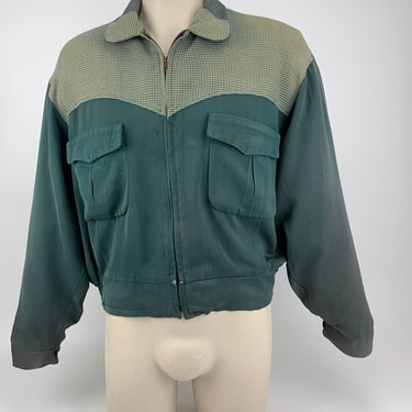 1950'S Ricky Jacket - Two-Tone Rayon Gabardine with Houndstooth Panels - Flap Patch Pockets - Men's Size MEDIUM to LARGE 