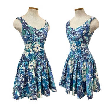 Vtg 80s 90s 1980s 1990s Does 1950s Laura Ashley Blue Floral Drop Waist Dress 