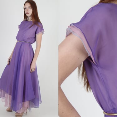 Vintage 70s Ethereal Chiffon Dress Flowing Purple Pink Layered Scarf Hem Maxi 