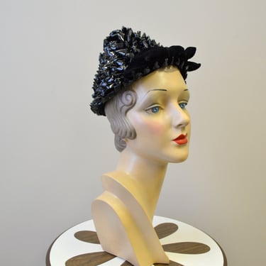 1950s Black Raffia and Velvet Peaked Hat 