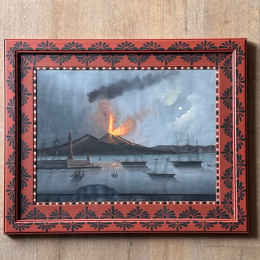 Large 19th C. Italian Gouache of the View of Vesuvius Circa 1831 in Gusto Painted Frame and Mat