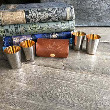 Leather Travel Shot Cups, Stirrups, Leather Case, Set of 4, Gold Wash, Silver Metal, Edwardian Era, Made in Germany, Marked Canada 