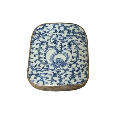 Chinese Old White Base Blue Scroll Leaf Graphic Porcelain Art Pewter Box ws3915E 