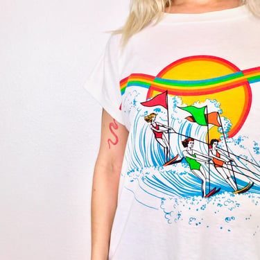 Rainbow Water Skiing Women Tee // vintage tank 1970s t shirt 70's t-shirt cotton white ski hippy hippie dress tank 70s // O/S 