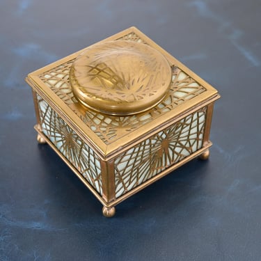 Tiffany Studios New York Pine Needle Bronze Doré and Slag Glass Inkwell