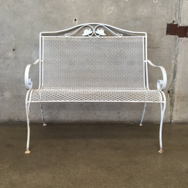 Vintage Santorini White Wrought Iron Patio Bench