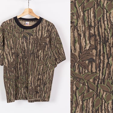 90s Camo Real Tree T Shirt - Men's Medium, Women's Large | Vintage Camouflage Pocket Ringer Tee 