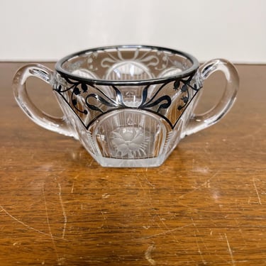 Antique Art Deco Glass Sugar Bowl Silver Overlay Etched Glass Westmoreland 