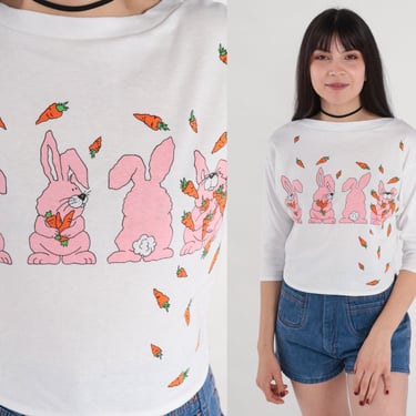 Cartoon Bunny Shirt 80s Rabbit T-Shirt Bunnies Carrots Graphic Tee Cute Kawaii Animal Top 3/4 Sleeve Single Stitch Vintage 1980s Small S 