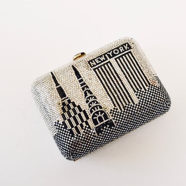 Vintage Judith Leiber silver and Black Crystal Clutch Evening Bag with New York City Sky Line Twin Towers 9/11 NYC Rhinestone Minaudiere 