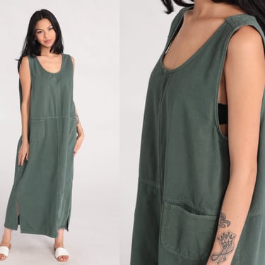 Olive Jumper Dress 90s Ankle Length Pinafore Shift Green 1990s Grunge Pocket Dress Vintage Low Armhole Sleeveless Maxi Large 