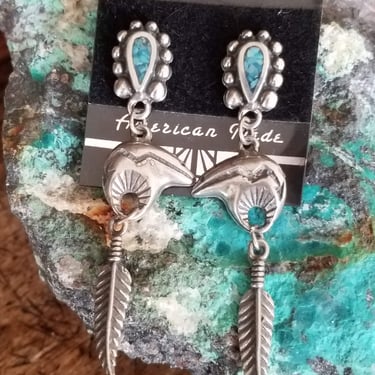 Pewter Spirit Bear Earrings, Feather Dangle~Signed JB Vintage Southwest Native American Earrings~Dangle Earrings~Bear Fetish~JewelsandMetals 