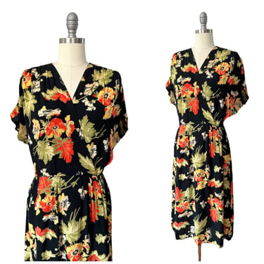 40s Autumn Floral Rayon Crepe Dress / 1940s Vintage Flower Print Dress / Large / Size 12 