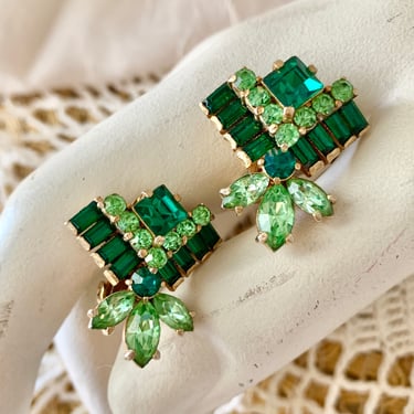 Green Bling, Vintage Earrings, Geometric, Glass Stones, 2- Tone Green, Clip On, Rockabilly Pin Up 