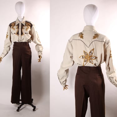 Late 1960s Early 1970s Brown and Tan Gold Metallic Rhinestone and Sequin Roses Western Pearl Snap Top with Matching Pants by H Bar C 