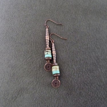 Copper and turquoise asian coin earrings 