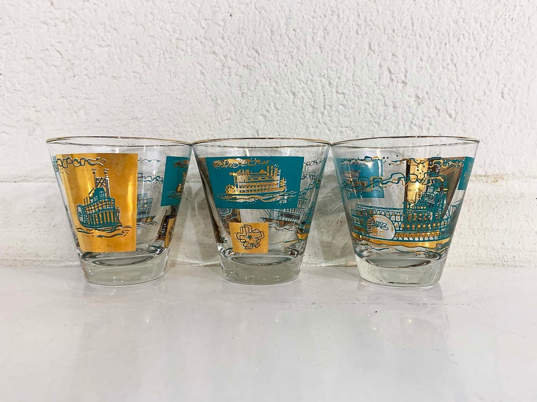 MCM Libbey Steamboat Vintage Glasses, Set of 5, Teal And shops Gold Southern Comfort