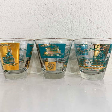 Vintage Lowball Glasses Set of 3 Libbey Gold Turquoise Tumblers Steamboat Ship Blue Mid Century Rocks Glass Barware Cocktail 1960s 