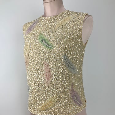 1960'S Sequined & Beaded Shell - Iridescent Pastel Colors - Mod Styling - Wool Knit - Sheer Lining - Zipper Back - Women's Size Small 