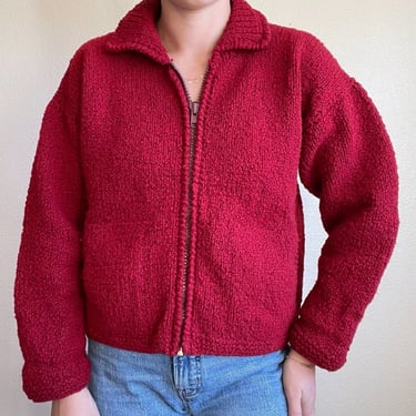 Vintage Ishka Hand Knit Red 100% Wool Ecuador Cardigan Sweater Sz M 