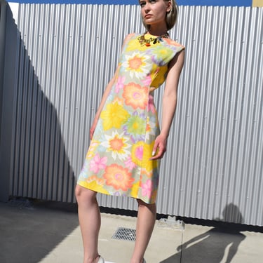 ALEX COLEMAN Vintage 60s Mod Linen Yellow Floral Shift Dress Sz Small to Medium 