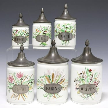 Vintage French Haviland Limoges for L'Etain a la Rose Hand Painted Porcelain & Pewter Kitchen Storage Jar Canister Set Of 6 