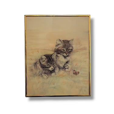 Vintage Framed Kittens in Field Art Print, Cats Playing with Butterfly, Gold Frame, Retro 1970s Kitty Cat Wall Hanging, Vintage Home Decor 