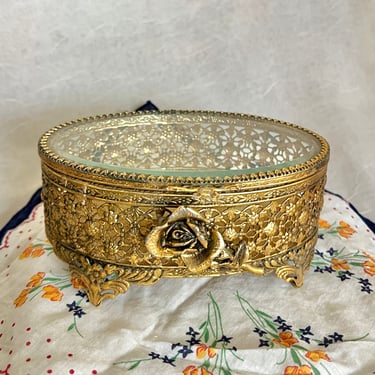 Gold Ornate Jewelry Box, Ormolu, Glass Lid, Hollywood Regency, Trinket Box, Mid Century Vintage 